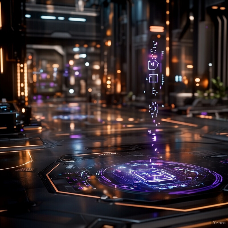 A futuristic technology hub with a focus on data-driven iteration and player metrics, featuring a prominent purple circle surrounded by circuitry patterns.