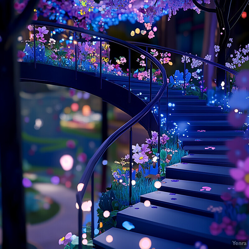 A serene and peaceful image of a staircase with pink flowers and white lights.