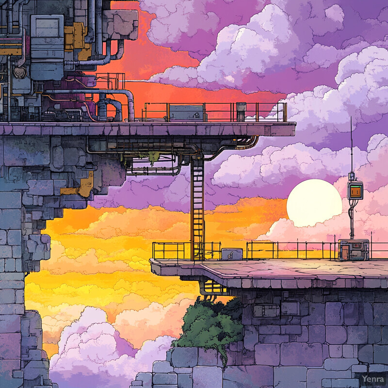 An industrial-looking structure with pipes and machinery in the foreground, set against a vibrant sky with clouds of various hues.