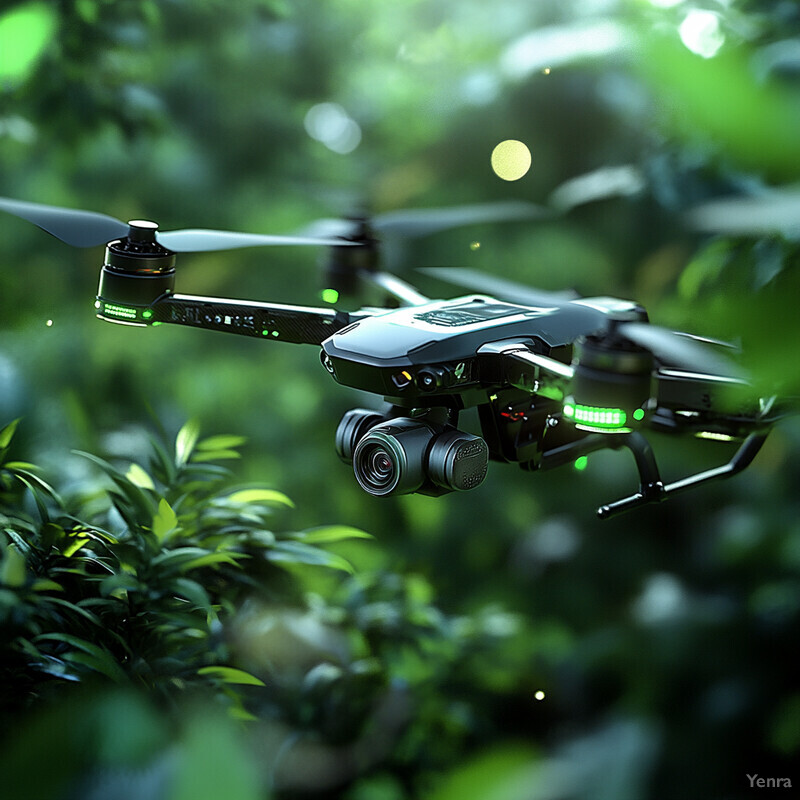 A drone is flying in a green forest setting, equipped with a camera and spinning its propellers.