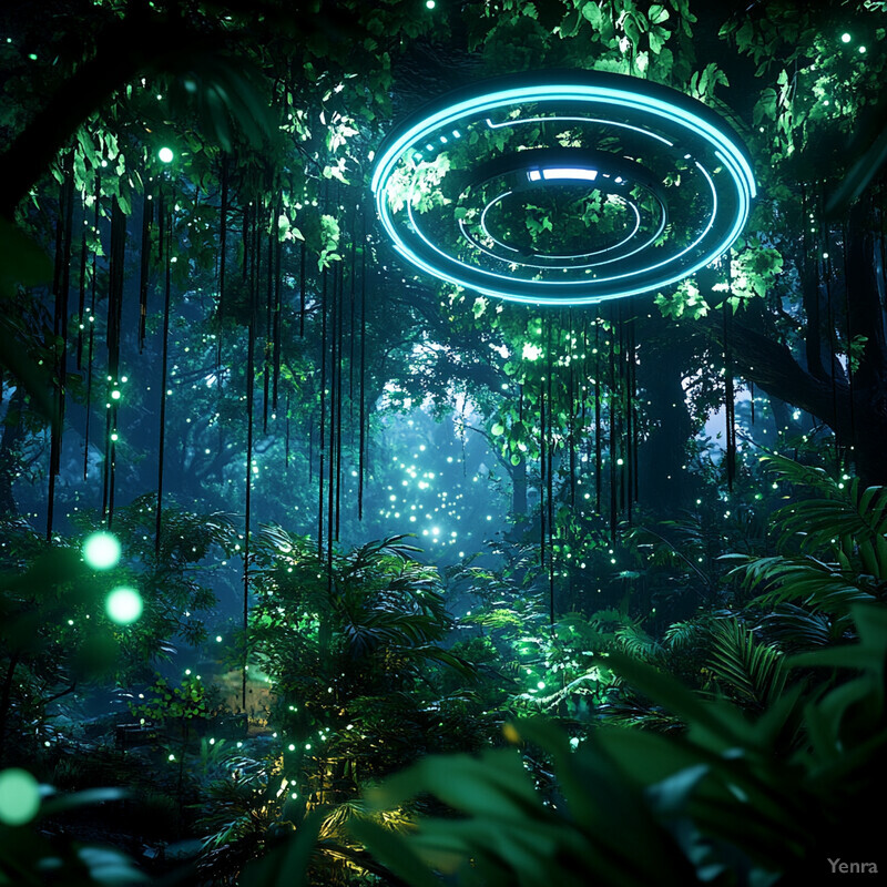 A futuristic, high-tech scene with a glowing blue ring suspended in mid-air amidst lush greenery.