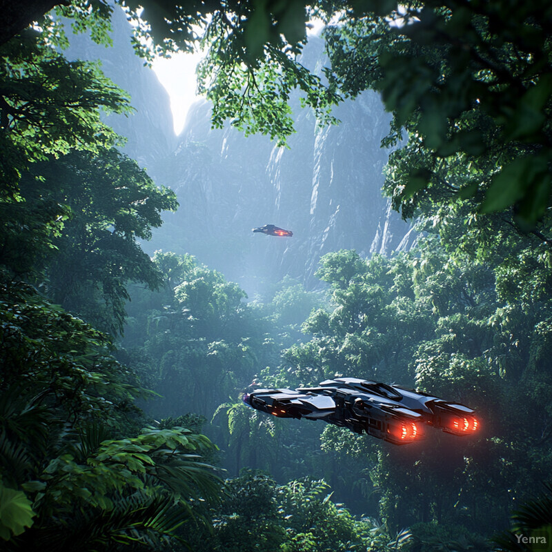 Two spaceships fly through a dense forest on an alien planet.