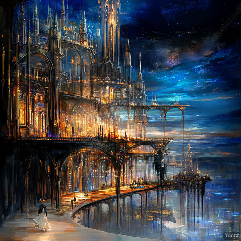 A fantastical cityscape with towering spires and grand architecture.