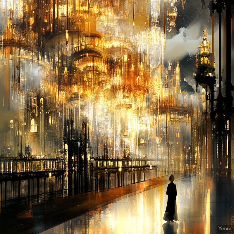 A person stands in front of a massive, gold-colored city with towering structures.