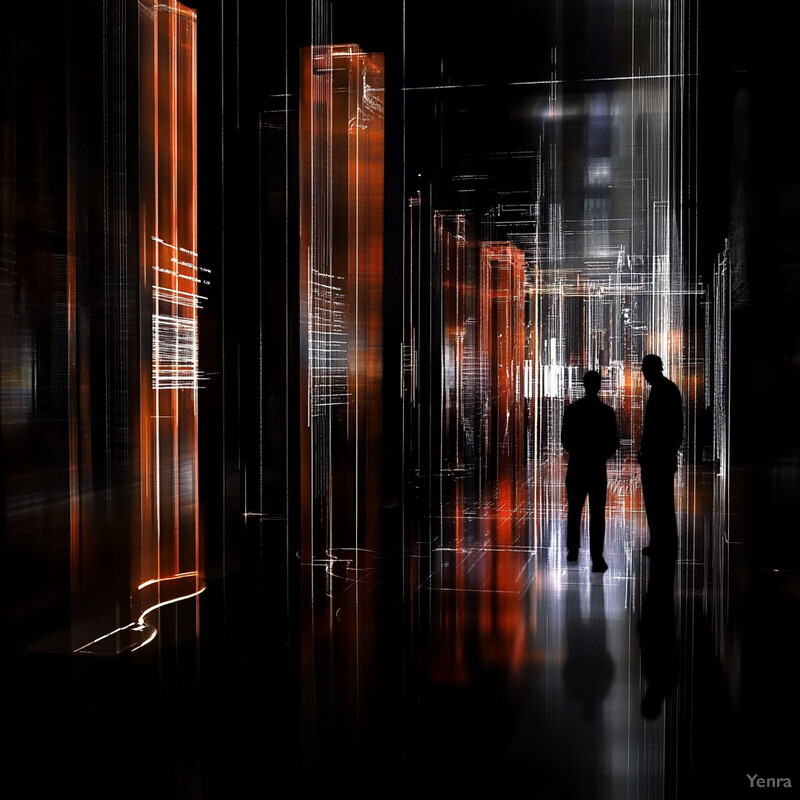 An abstract digital art piece featuring silhouetted figures and cylindrical pillars in a dark background.