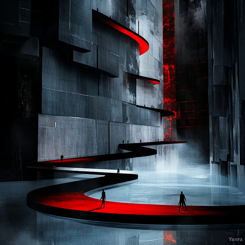 A futuristic, dystopian scene depicting an imposing concrete structure with a red-lit pathway winding through it.