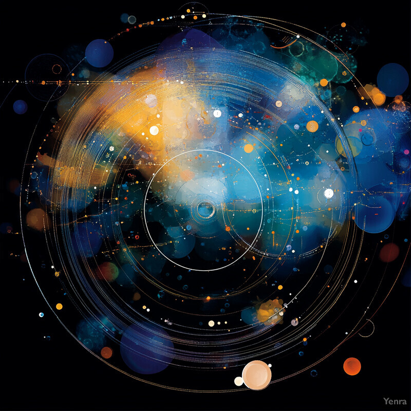 Abstract representation of space with various celestial bodies and planets.