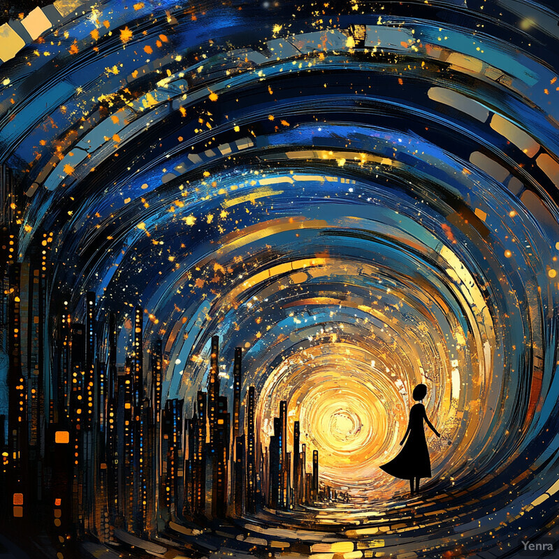 A woman stands in front of an abstract cityscape, surrounded by swirling patterns and vibrant colors.