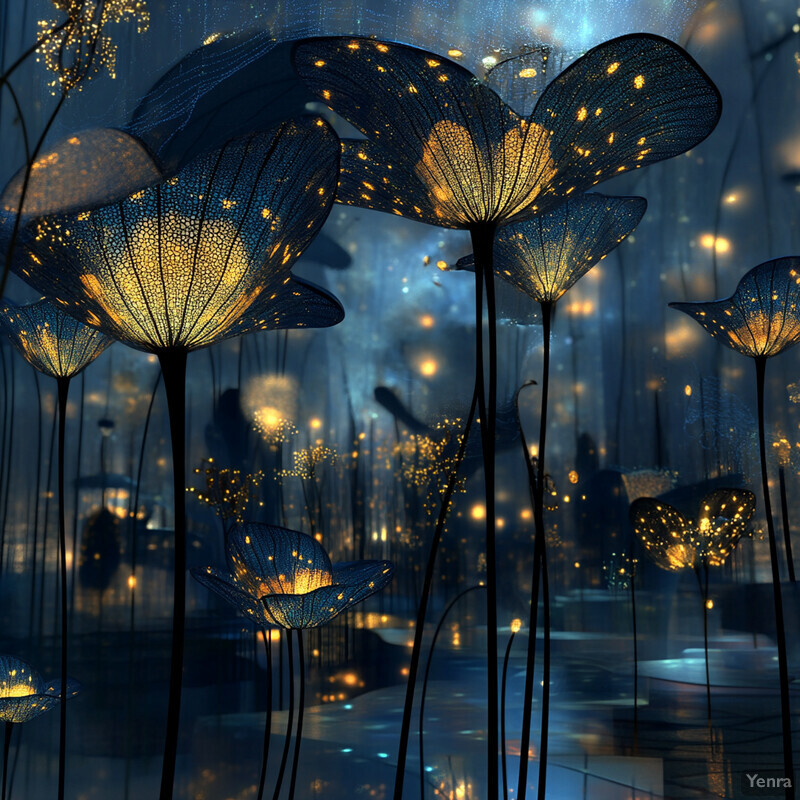 A captivating image of glowing, flower-like structures set against a dark blue background.