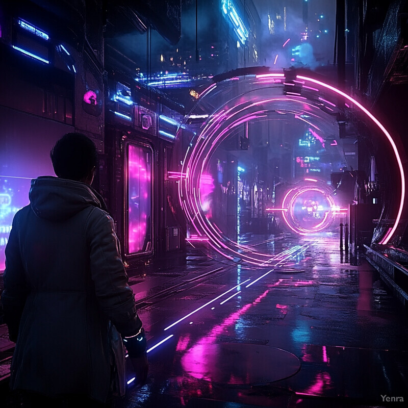 A person stands in front of a glowing portal, ready to embark on an adventure through it.