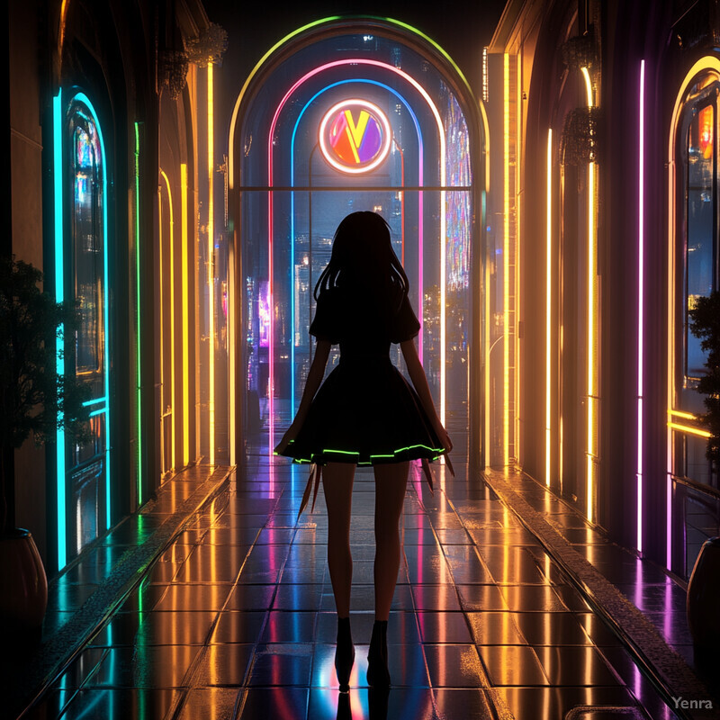 A woman walks down a hallway with neon lights on either side.