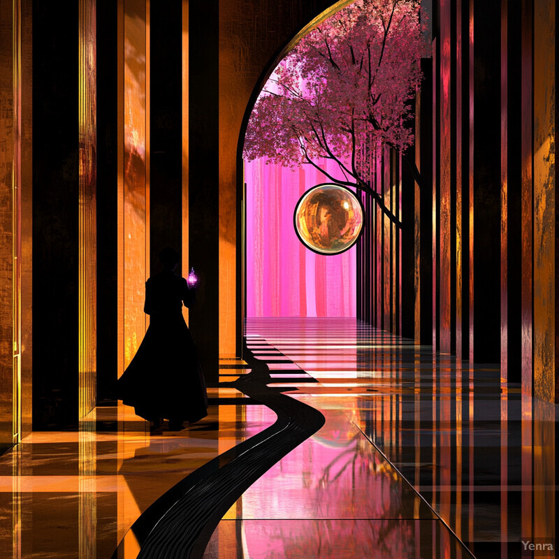 A woman stands in an archway, holding a glowing orb in a futuristic or fantasy setting.