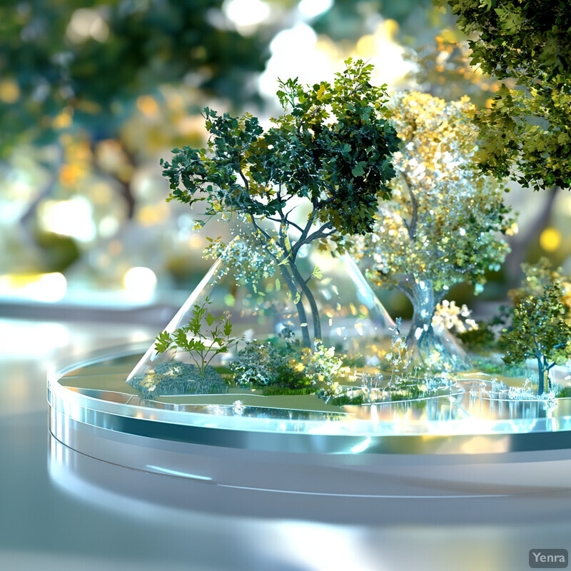 A futuristic or sci-fi scene featuring trees and plants in glass-like containers.