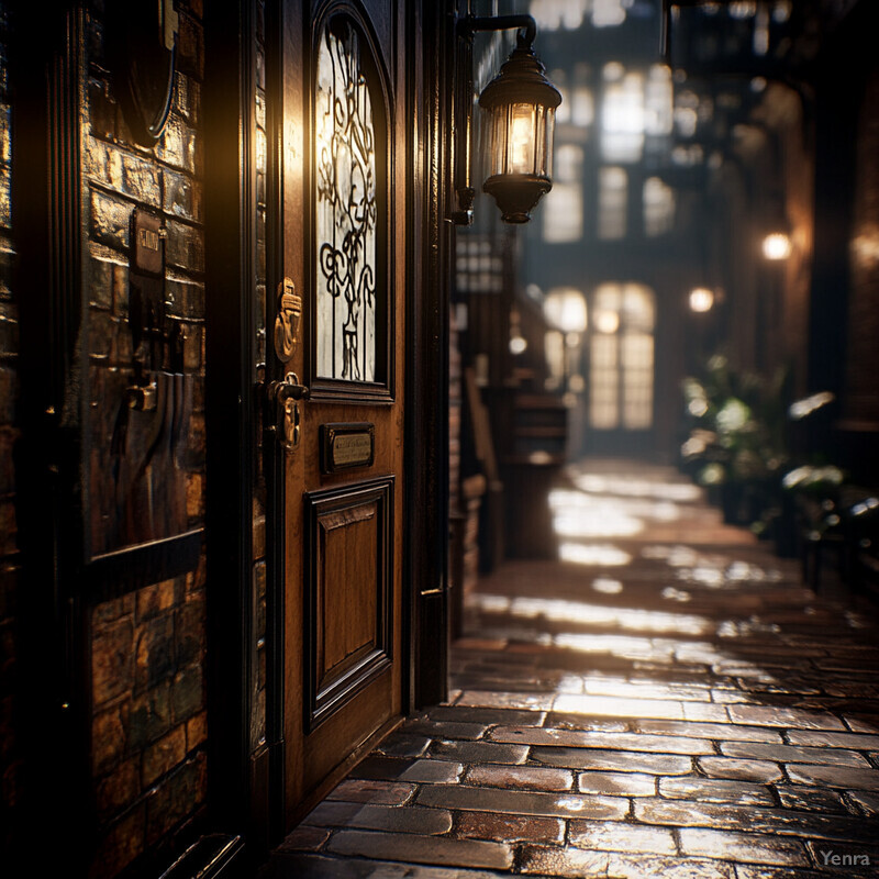 A dimly lit alleyway with cobblestone paving and old-fashioned street lamps, evoking a sense of mystery and nostalgia.