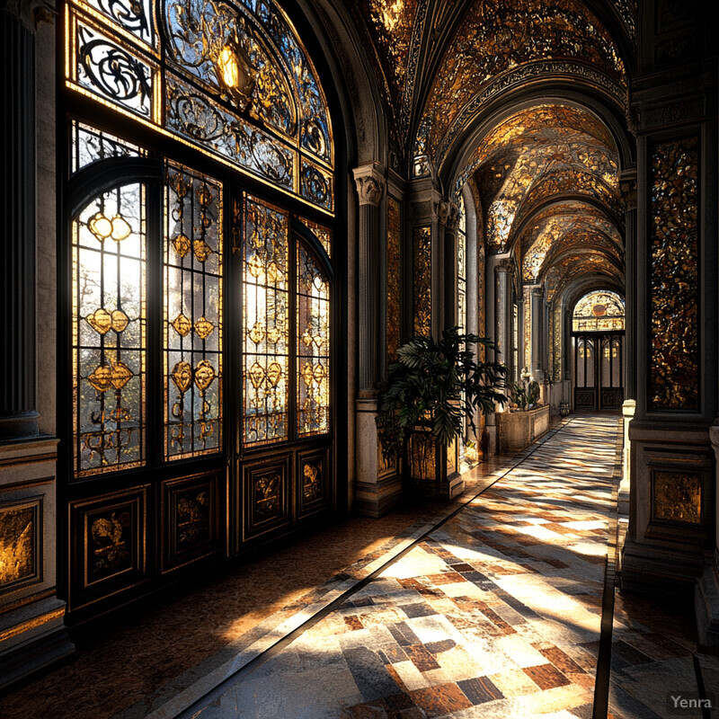 An ornate hallway with arched ceilings and walls adorned with intricate gold designs.