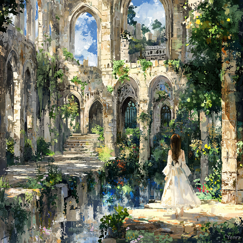 A young girl stands in front of an ancient ruined castle, surrounded by lush greenery and a blue sky with white clouds.