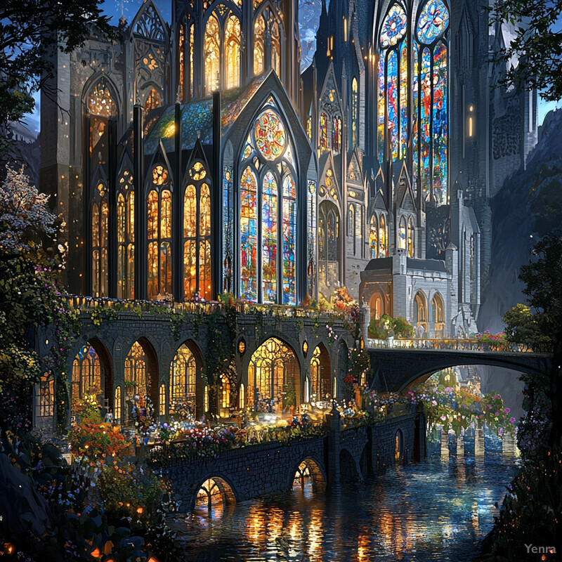 A majestic castle with stained glass windows and a bridge over a river.