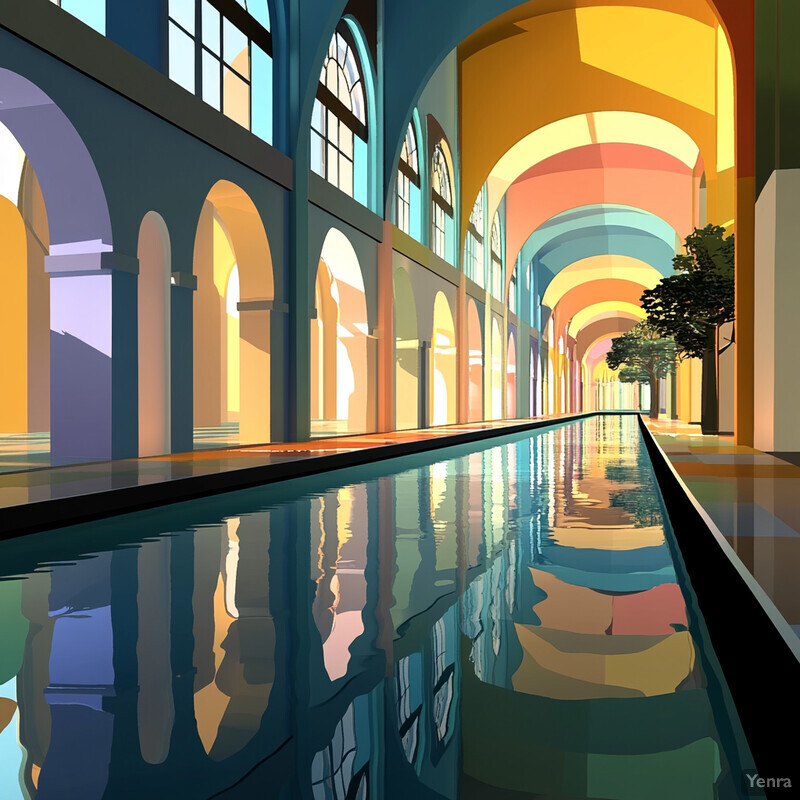 An indoor pool surrounded by archways and windows, with a focus on the reflection of the surrounding architecture in the water.