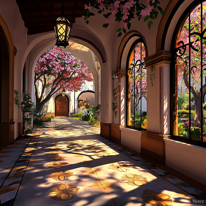 A serene and elegant hallway with an open canopy tree, white stucco walls, brown trim, and a large arched doorway leading out into the courtyard or garden beyond.