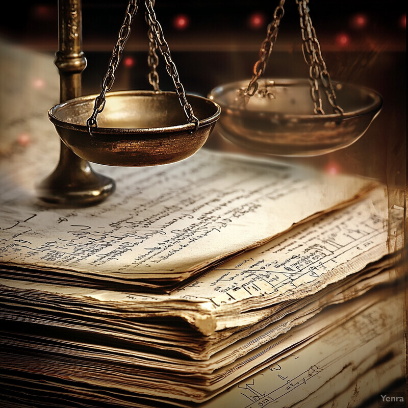 An antique scale sits on top of a stack of old books in a dark room.