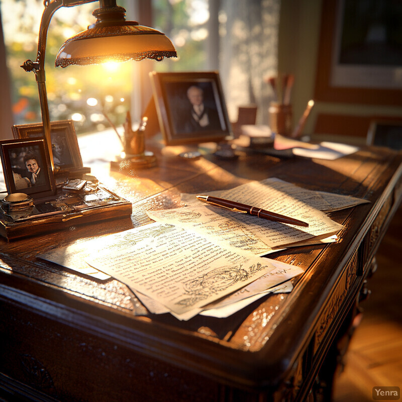 A desk with scattered papers and writing utensils, illuminated by sunlight streaming through an unseen window behind it.