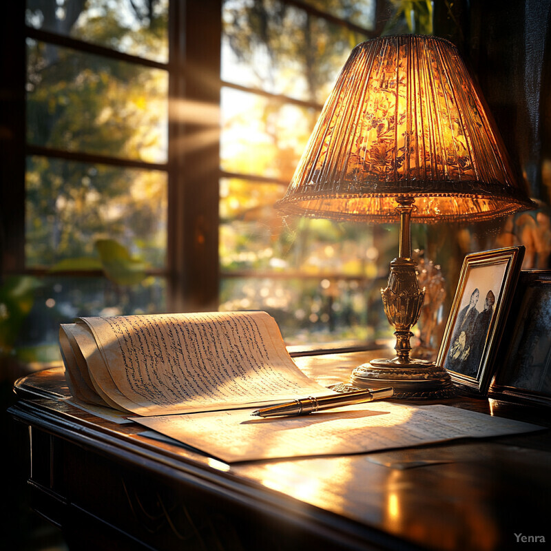 A serene and inviting scene of a desk in front of a window, bathed in natural light, with an open book and pen on the table.