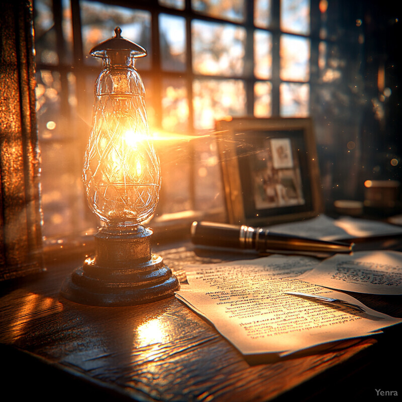 A vintage-style lamp sits on a wooden desk amidst handwritten papers, evoking a sense of warmth and nostalgia.