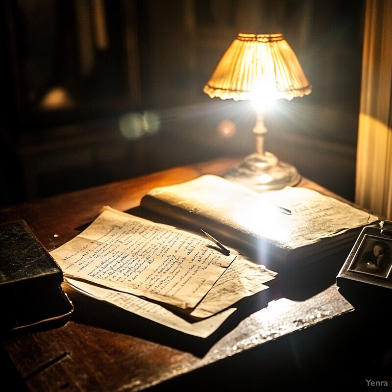 An old wooden desk with various items scattered across its surface in an old library or study.