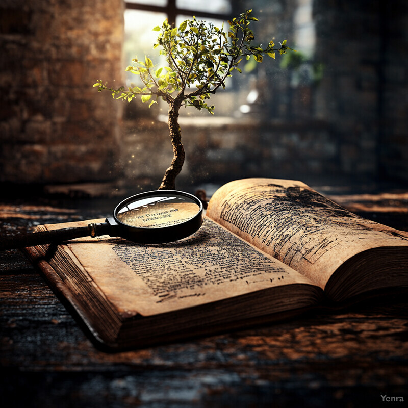 An old book with a small tree growing out of its pages lies open on a wooden table in an indoor setting.