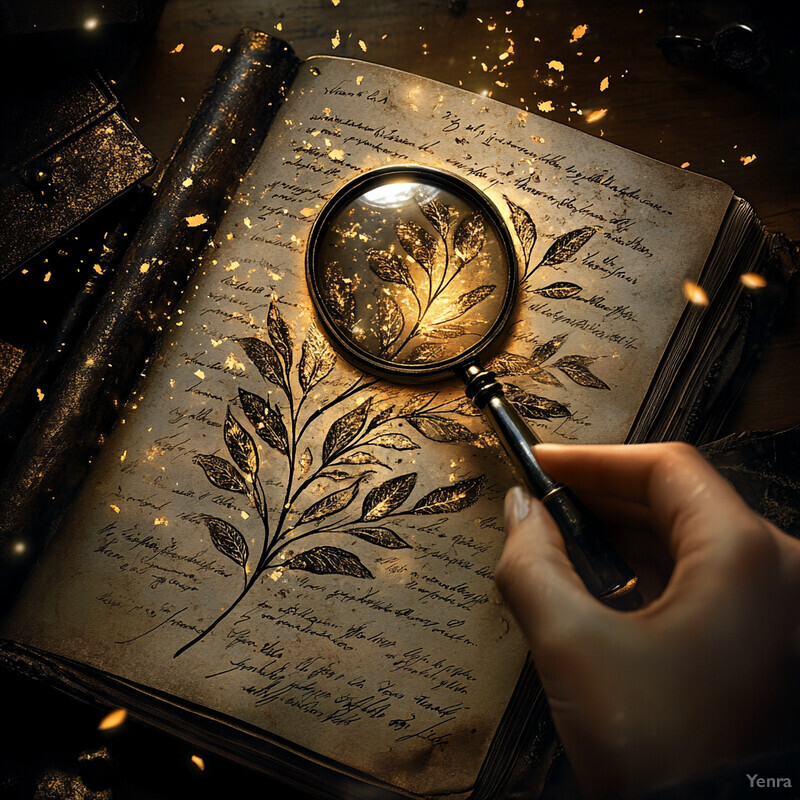 A person is studying a book with gold leafing and black ink illustrations using a magnifying glass.