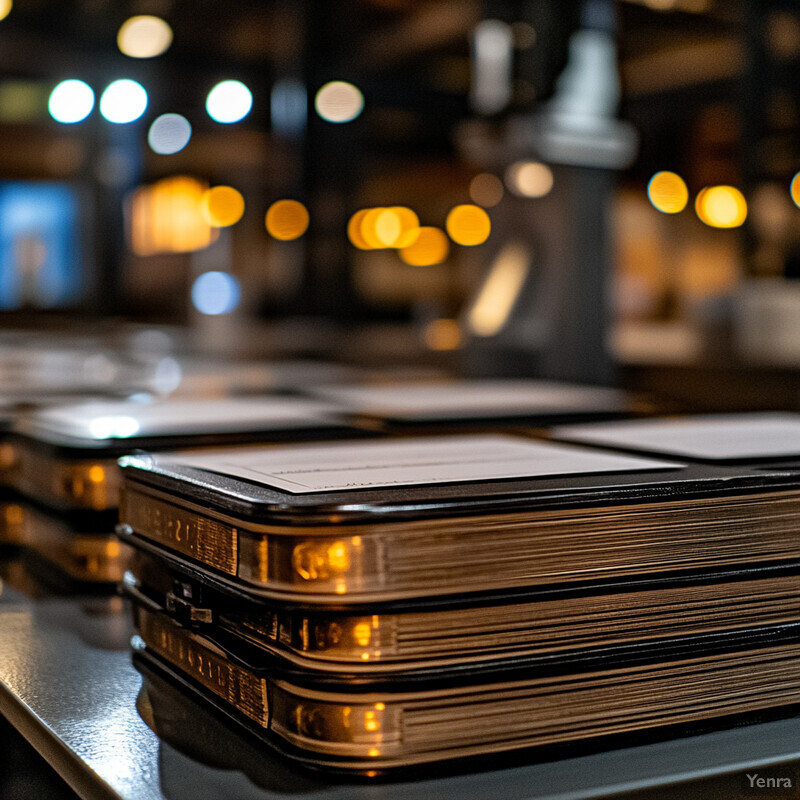 A large stack of rectangular documents or files on metal tables in an industrial setting.