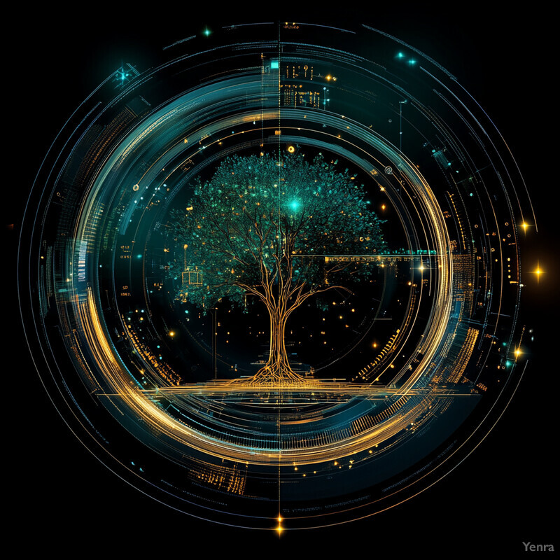 A futuristic representation of an oak tree with its roots and branches intricately woven into a complex network of lines and circuits.