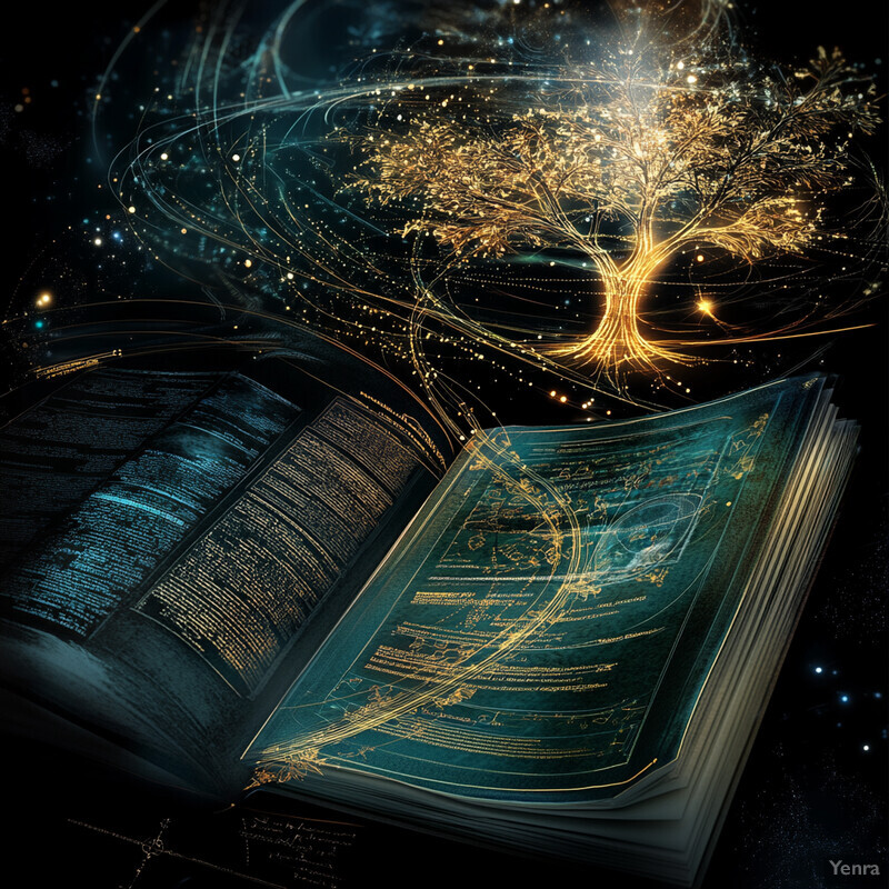 An open book with a tree growing out of it, surrounded by swirling lines and dots.