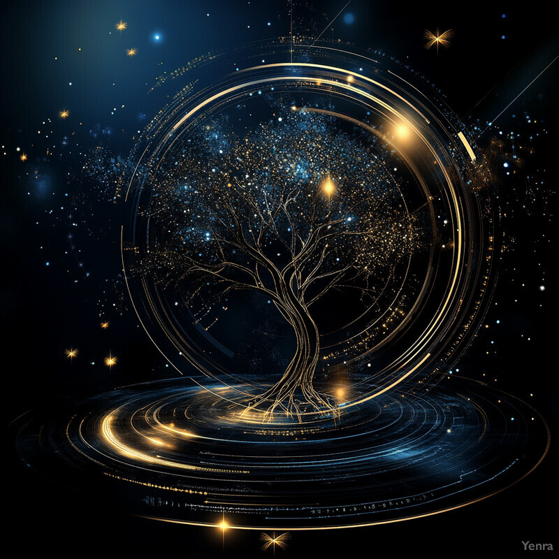 A tree is depicted within a circular frame surrounded by stars and celestial bodies.