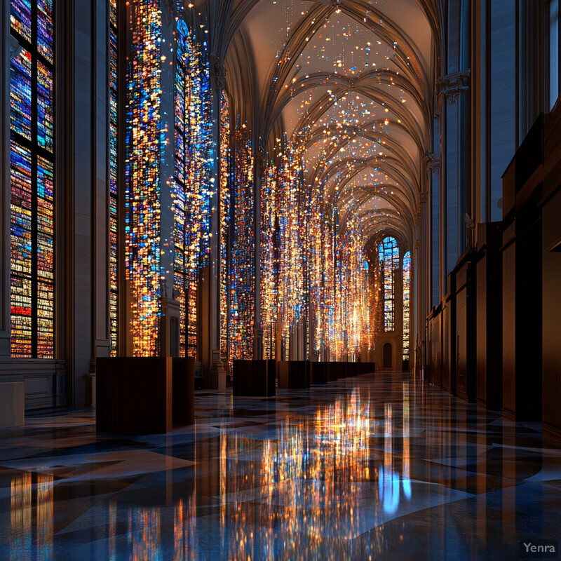 An interior space with high ceilings and large stained glass windows, likely part of a church or cathedral.