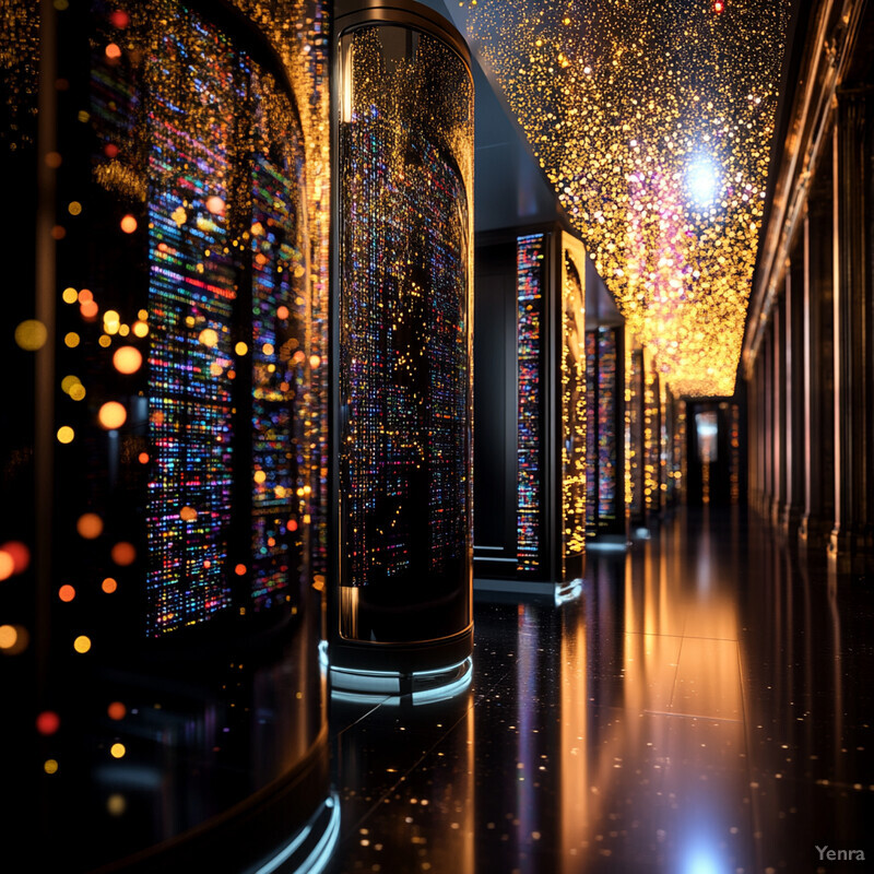 A futuristic data center with rows of servers and a starry ceiling.