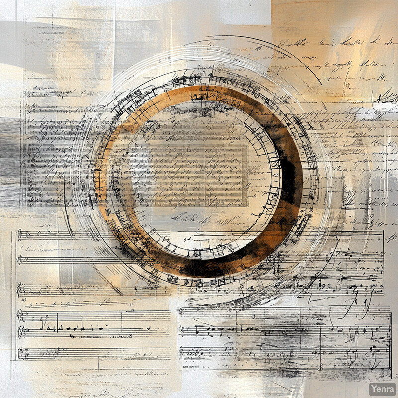 An abstract composition featuring a circular shape with black lines and subtle hints of orange and brown tones