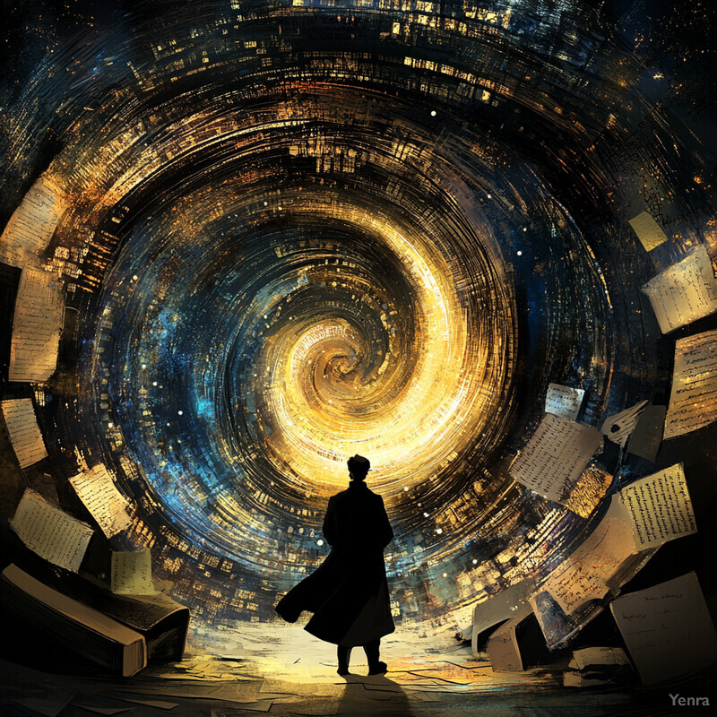 A man stands before a swirling vortex of light and color, surrounded by scattered papers and books, contemplating or studying something within the phenomenon.