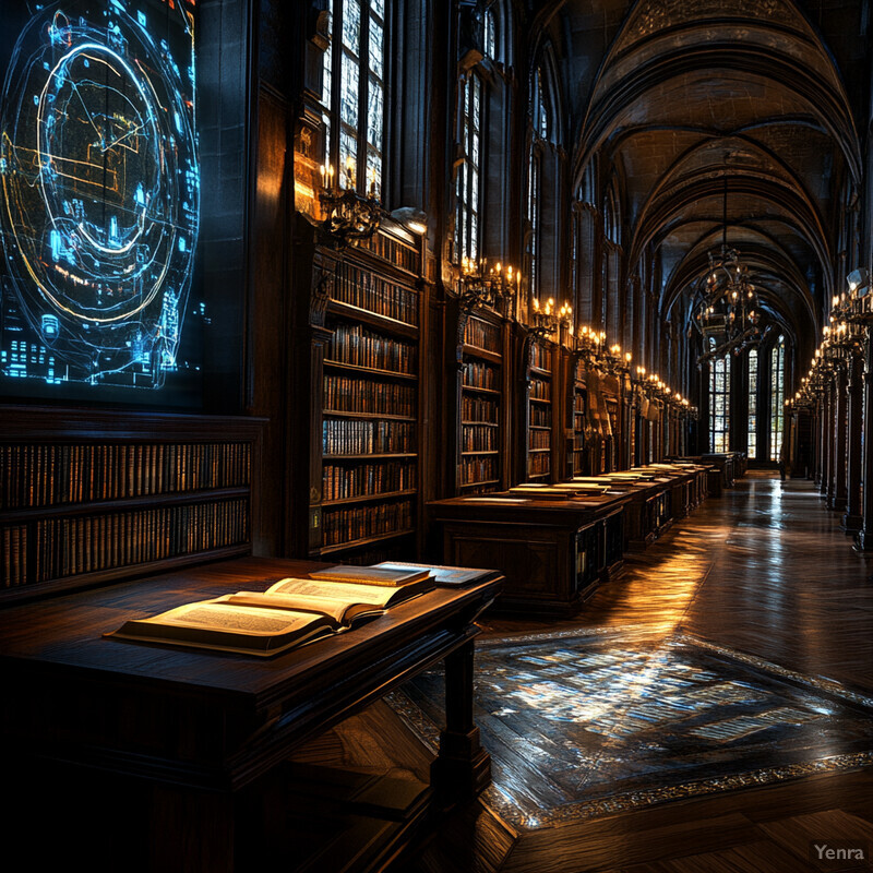 A grand, dimly lit library with rows of bookshelves and a large desk in the center.