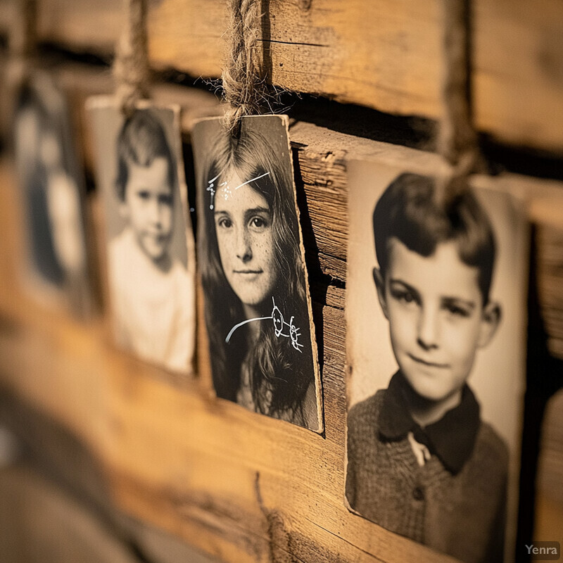 A collection of old photographs displayed on a wooden wall, each one suspended from twine or string.