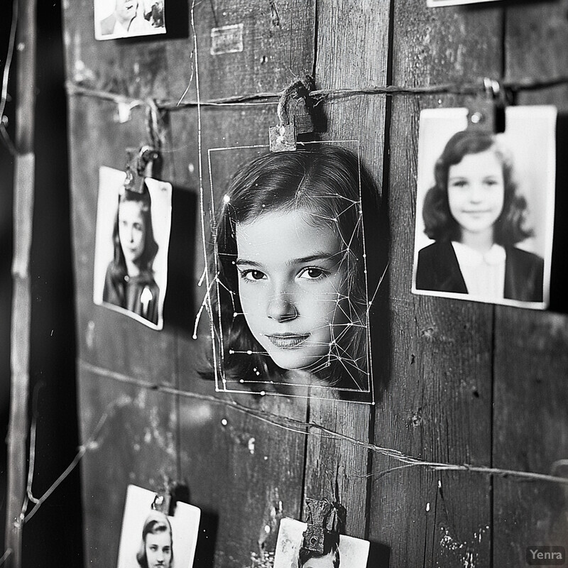 A black-and-white photograph of a wall with several old photographs pinned to it.