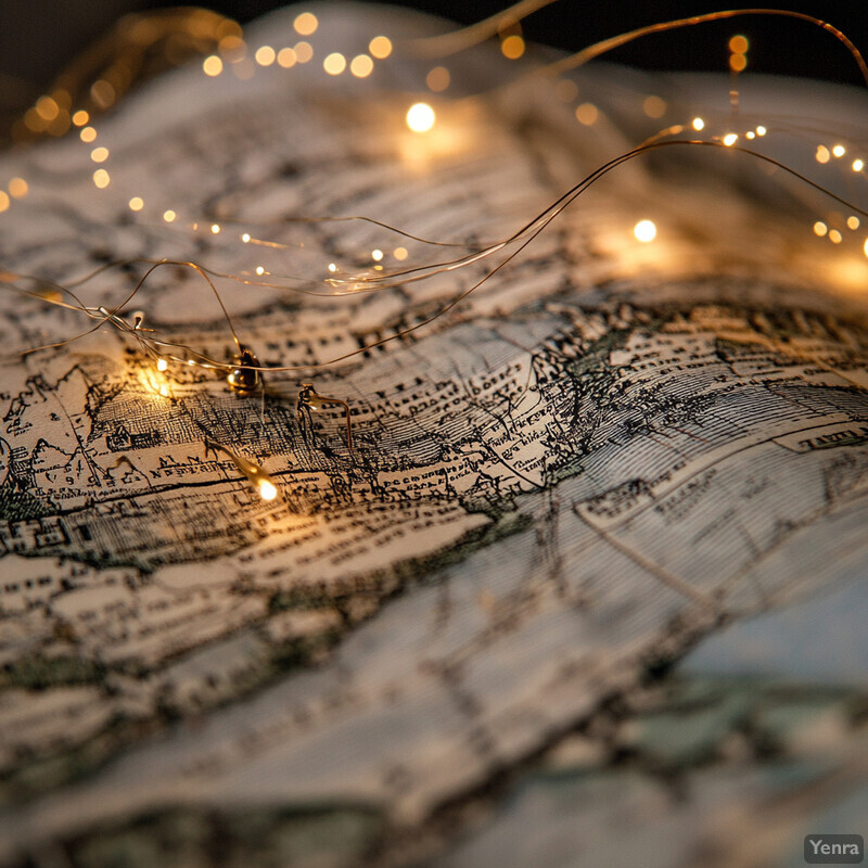 An old map with a gold string of lights draped over it.