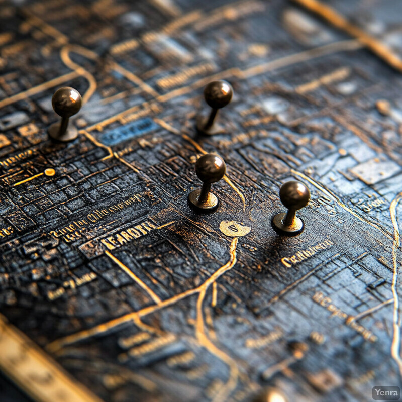 A close-up view of a black and gold map with four pins inserted into it, likely an old-fashioned historical document.