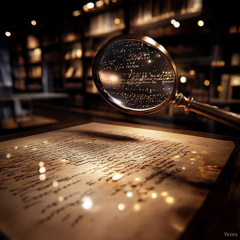 A magnifying glass is being used to examine an illuminated historical document in a library setting.