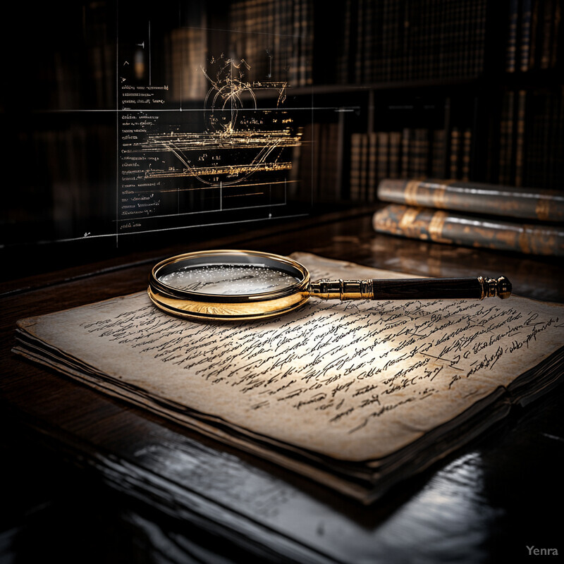 An old book with a magnifying glass on top lies open on a dark wooden table in a cozy library setting.