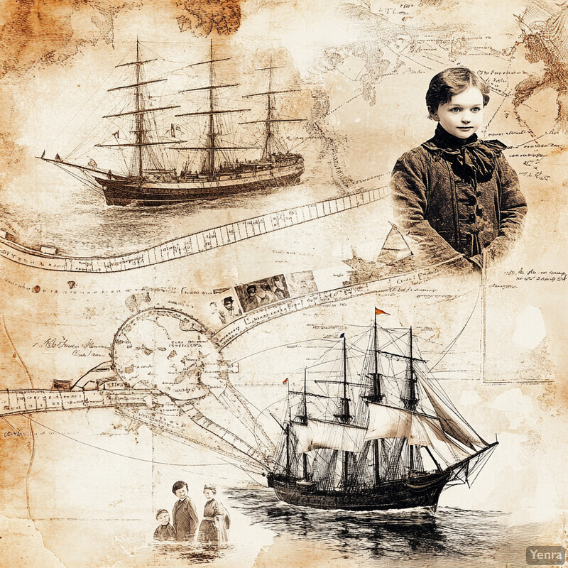 A collage of historical documents and illustrations related to sailing ships with a young boy's photograph.