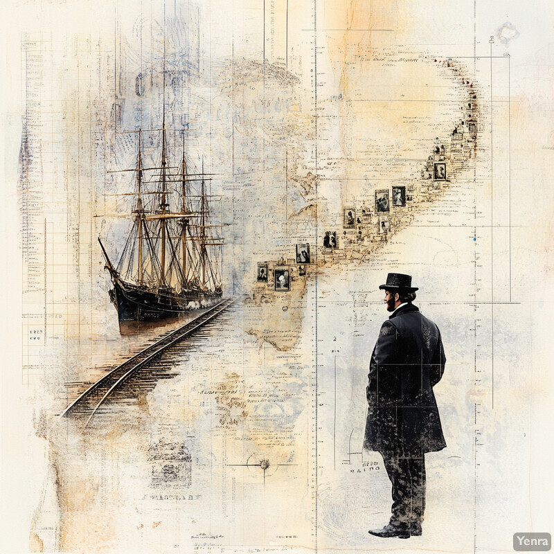 A man in a top hat and coat observes two tall ships anchored to the dock, with one loading cargo onto another vessel and the other preparing for departure.