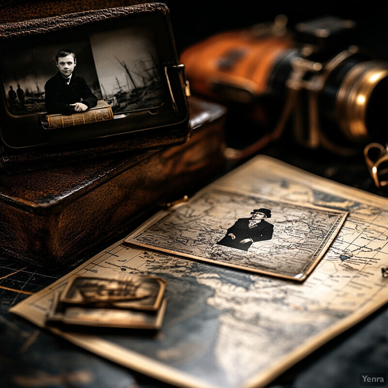 The image showcases an assortment of antique objects on a desk or table, including a wooden box, leather-bound book, and vintage photographs. The scene evokes a sense of nostalgia and historical significance.