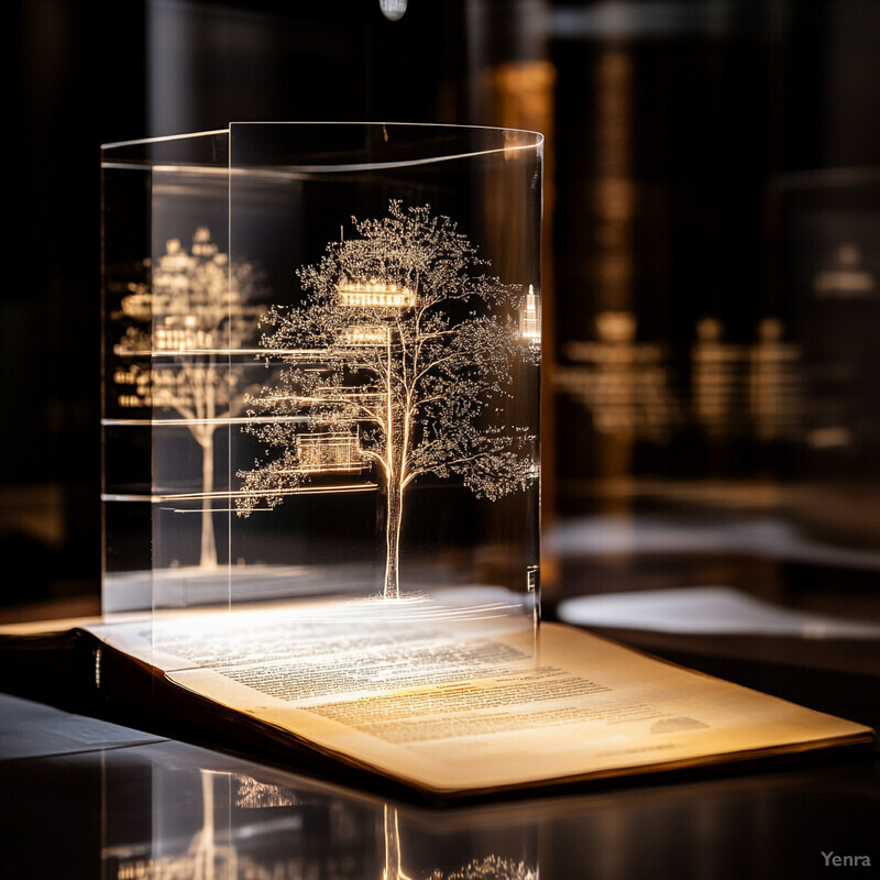 An open book with a transparent cover featuring a tree and pagoda in gold.