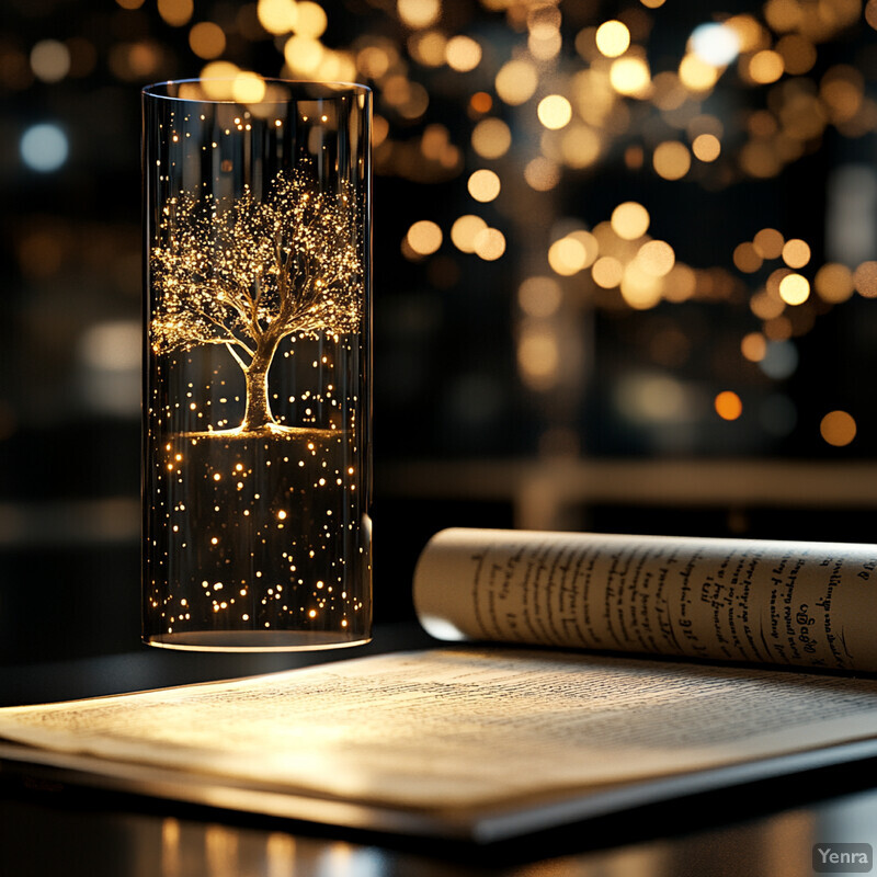 A cylindrical glass vase with an etched tree design sits on top of an open book in a dark room or studio setting.